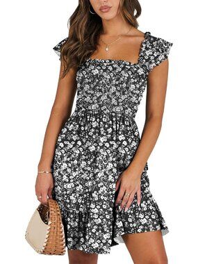 Women's Summer Sleeveless Square Neck Dress Black White Smocked Ruffle Backless